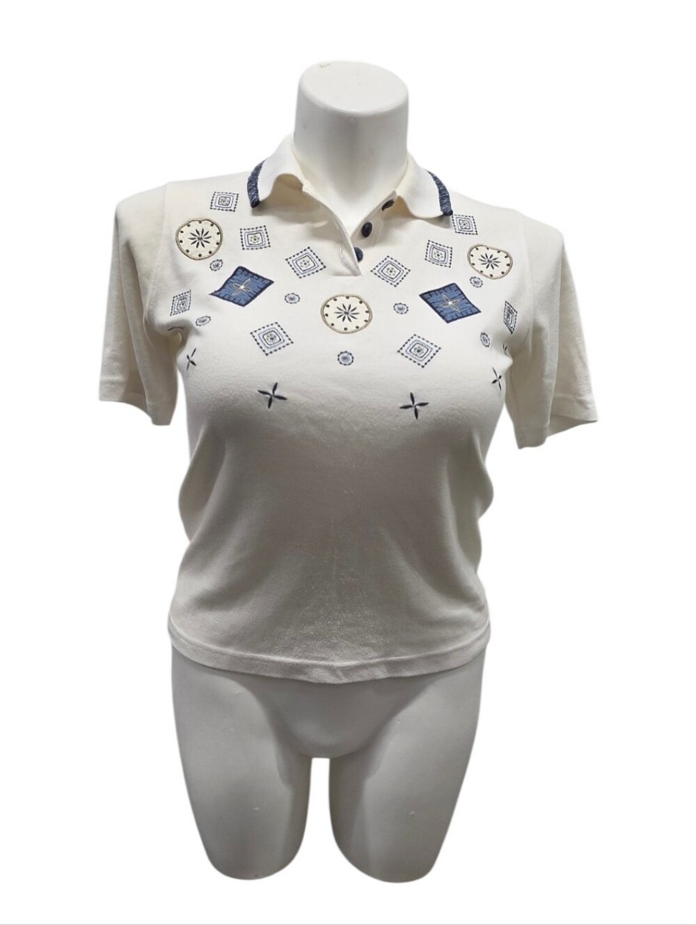 Vintage Koret City Blues Petite White Short-Sleeve Polo with Navy Embroidery